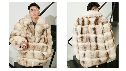 Denny&Dora Mens Fox Fur Coat Short Winter Warm Coats Lapel Design